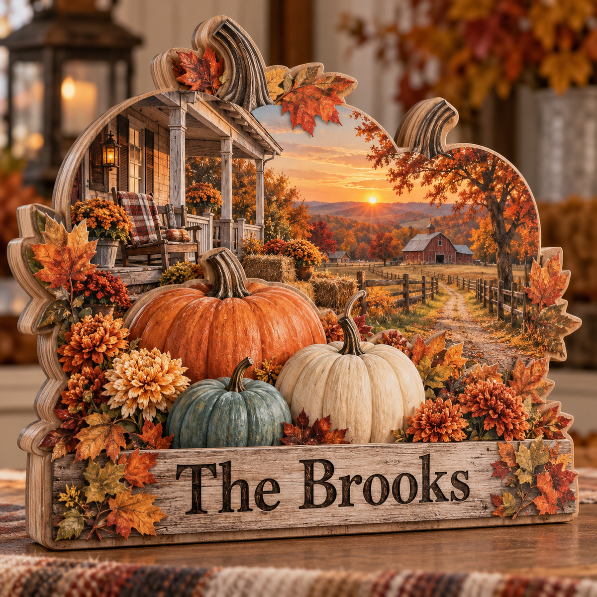 Autumn Pumpkin Farm Porch Personalized Wooden Block; example personalization The Brooks
