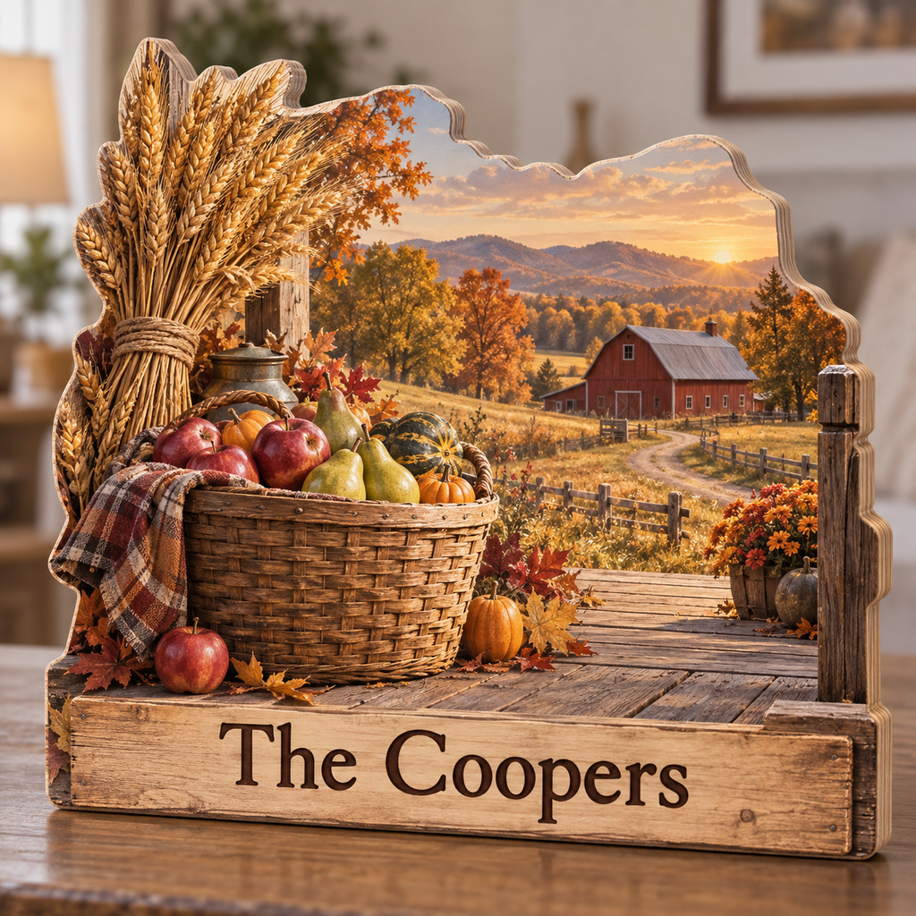 Autumn Harvest Barn Lane Personalized Wooden Block; example personalization The Coopers