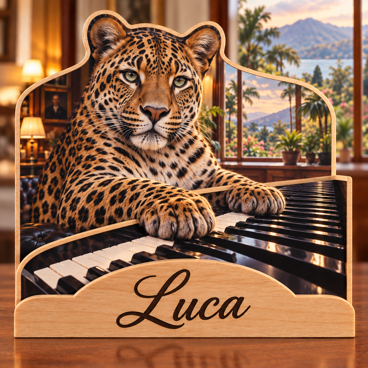 Leopard Piano Salon Personalized Wooden Block; example personalization Luca
