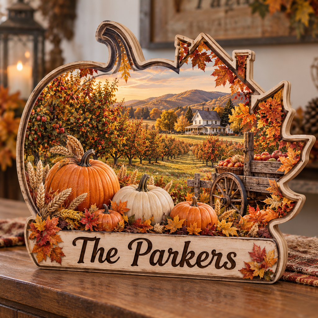 Autumn Pumpkin Orchard Personalized Wooden Block; example personalization The Parkers