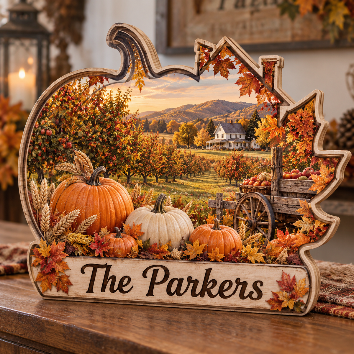 Autumn Pumpkin Orchard Personalized Wooden Block; example personalization The Parkers