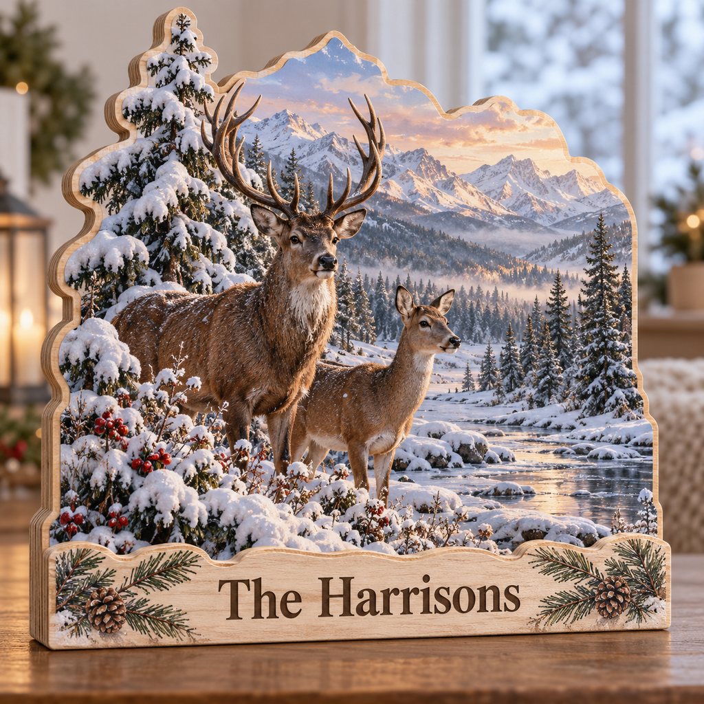 Winter Deer Snowy Pine Valley Personalized Wooden Block; example personalization The Harrisons