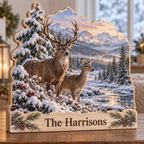 Winter Deer Snowy Pine Valley Personalized Wooden Block; example personalization The Harrisons