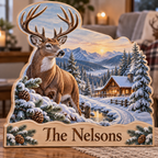 Winter Deer Frosted Pine Trail Personalized Wooden Block; example personalization The Nelsons