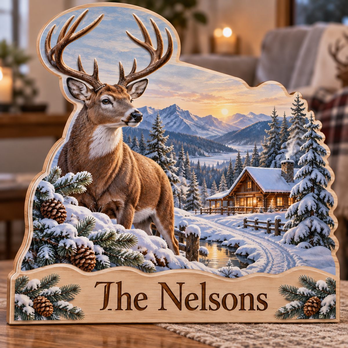Winter Deer Frosted Pine Trail Personalized Wooden Block; example personalization The Nelsons