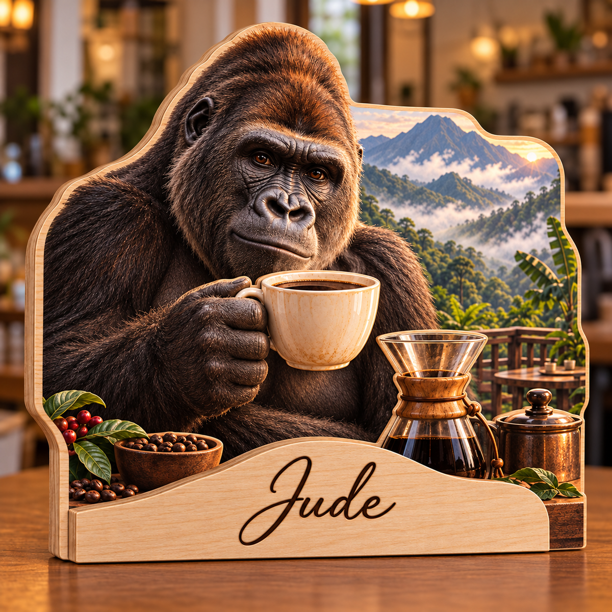 Gorilla Coffee Retreat Personalized Wooden Block; example personalization Jude