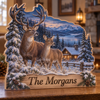 Winter Deer Snowy Cabin Personalized Wooden Block; example personalization The Morgans