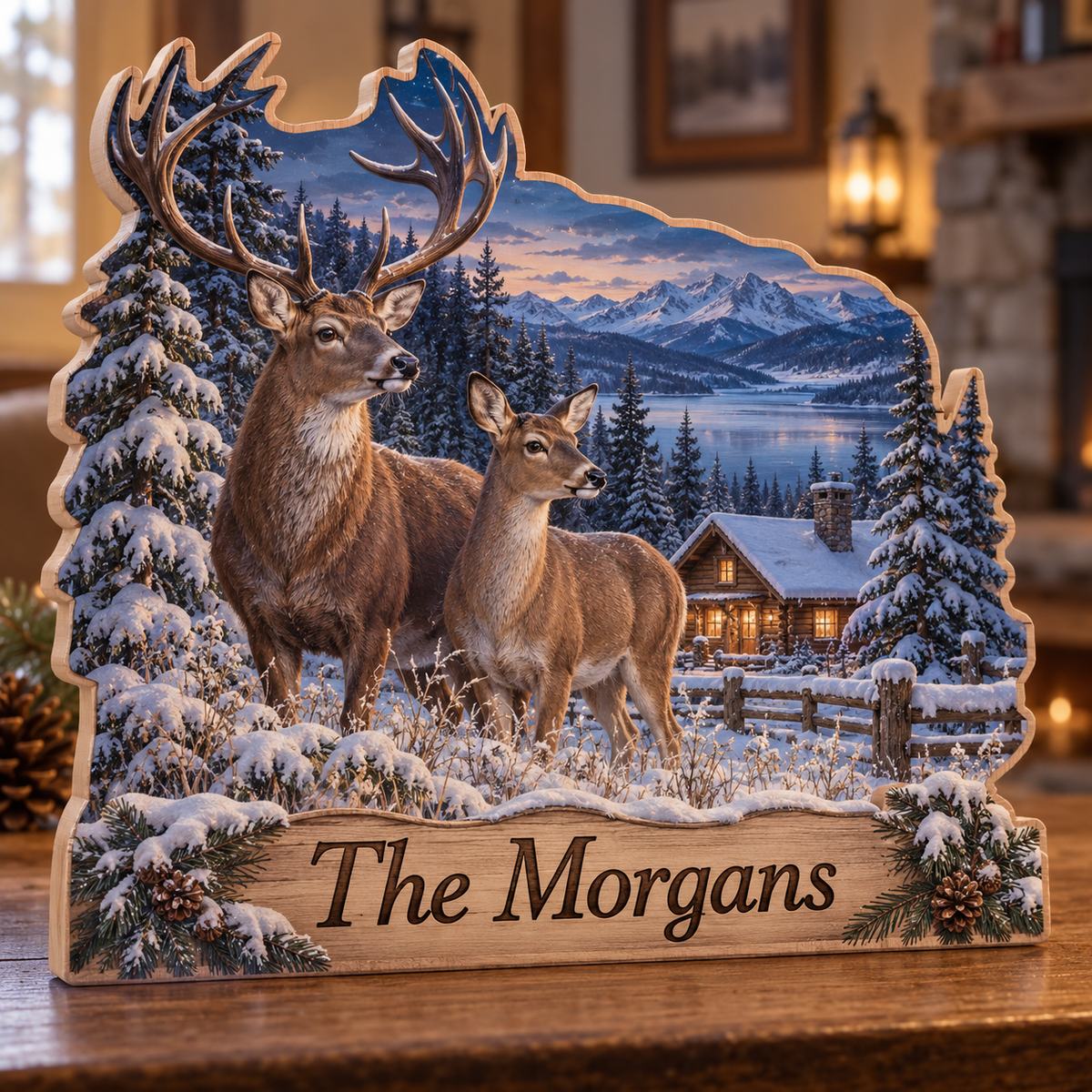 Winter Deer Snowy Cabin Personalized Wooden Block; example personalization The Morgans