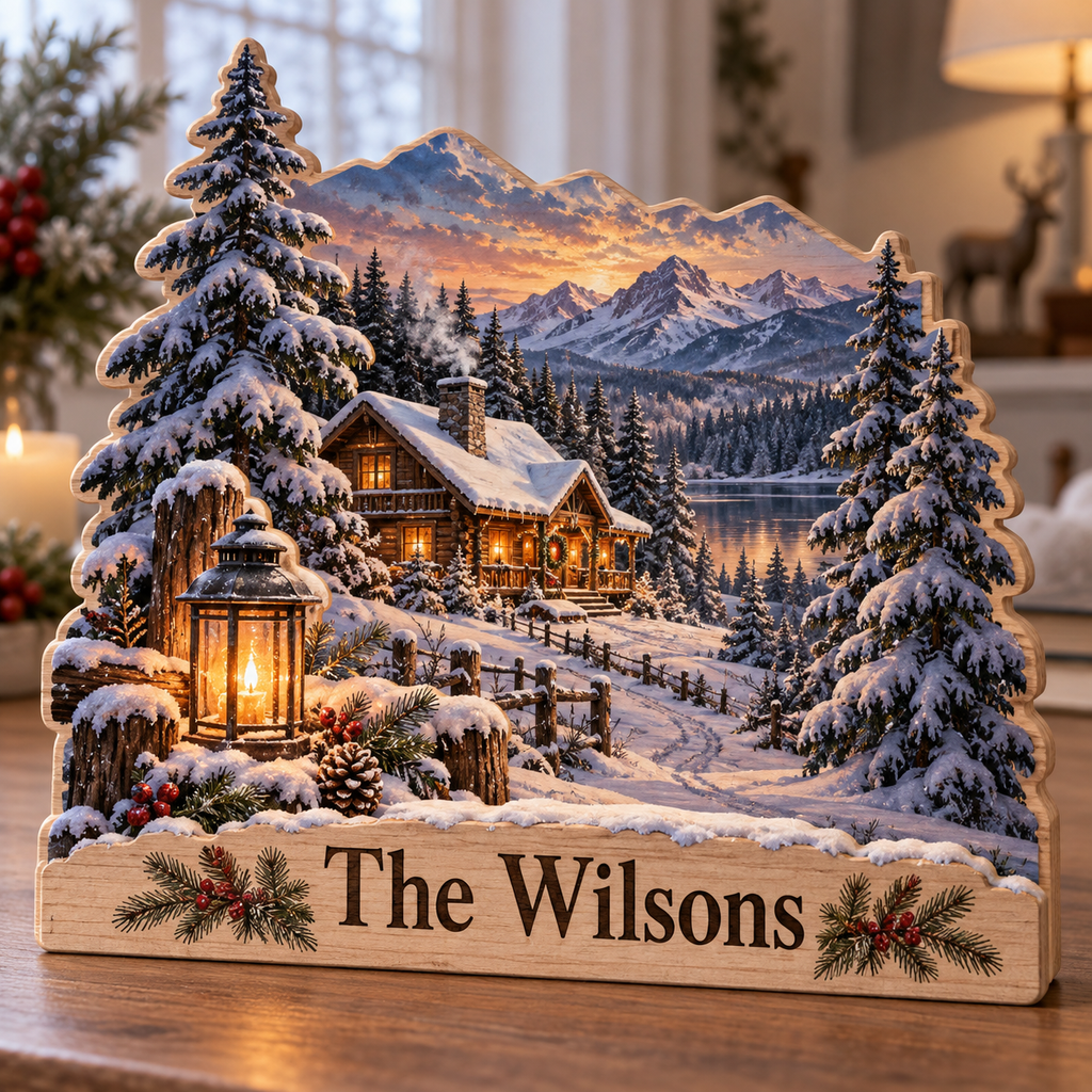 Winter Cabin Lantern Forest Personalized Wooden Block; example personalization The Wilsons