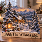 Winter Cabin Lantern Forest Personalized Wooden Block; example personalization The Wilsons