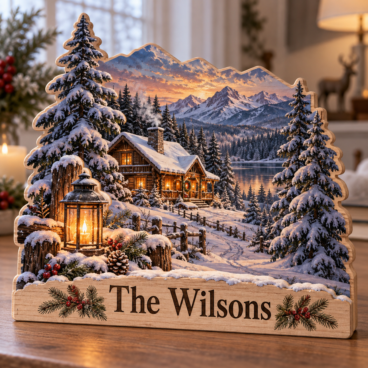 Winter Cabin Lantern Forest Personalized Wooden Block; example personalization The Wilsons