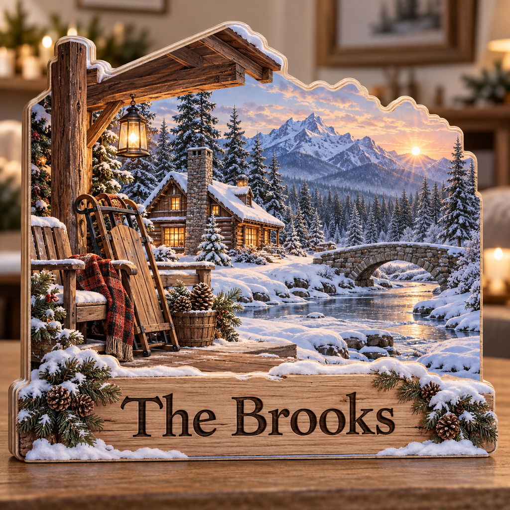 Winter Cabin Frozen Creek Porch Personalized Wooden Block; example personalization The Brooks