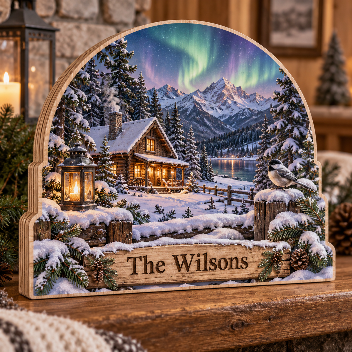 Snowy Cabin Sanctuary Personalized Wooden Block; example personalization The Wilsons