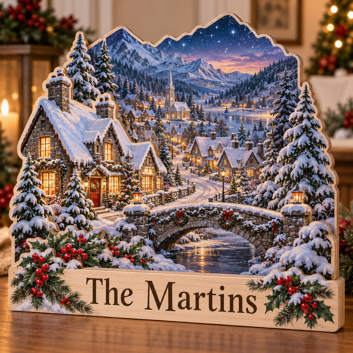 Christmas Village Snowy Lane Personalized Wooden Block; example personalization The Martins