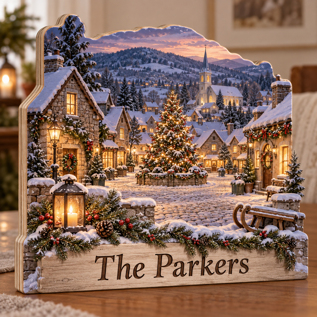 Christmas Village Lantern Square Personalized Wooden Block; example personalization The Parkers