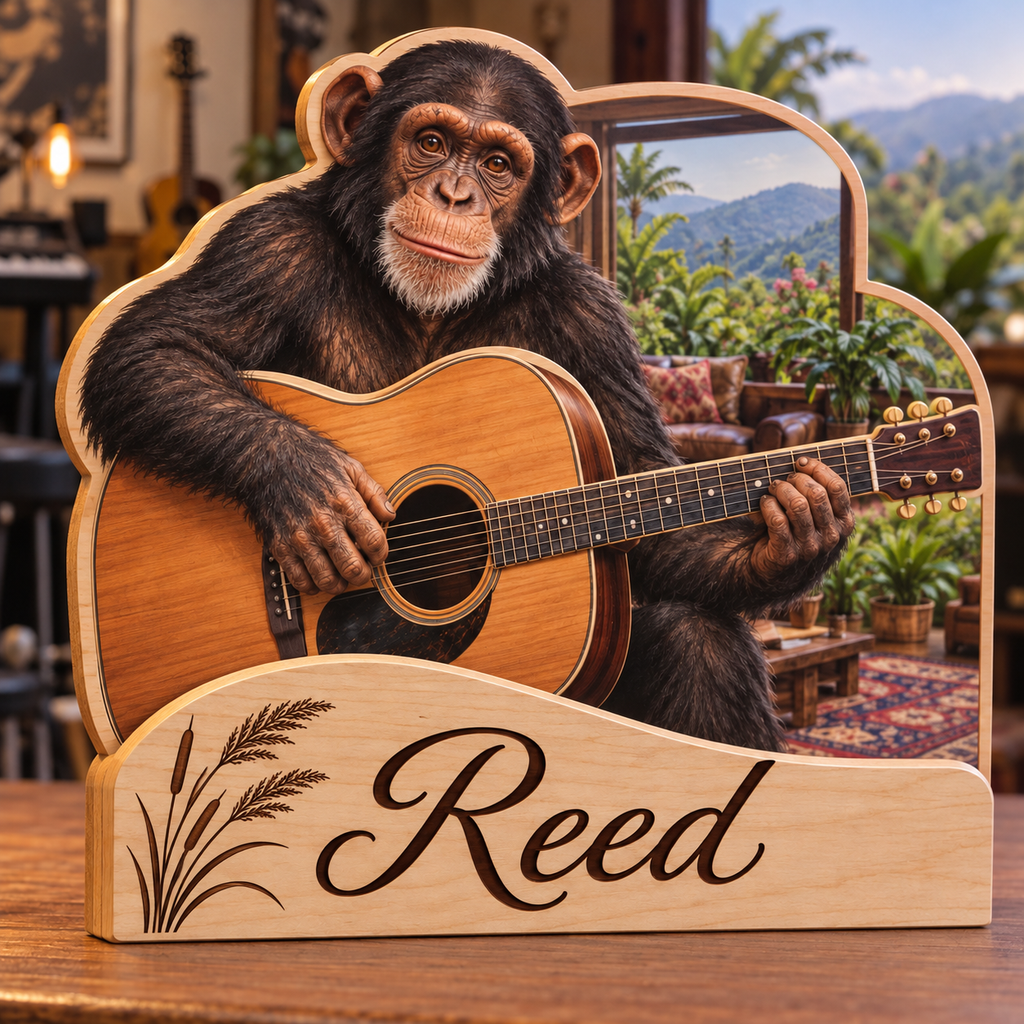 Chimpanzee Guitar Lounge Personalized Wooden Block; example personalization Reed