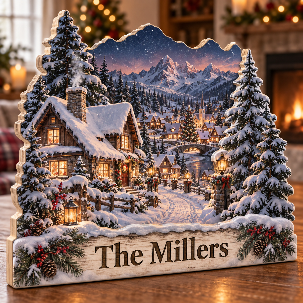 Snowy Christmas Village Personalized Wooden Block; example personalization The Millers