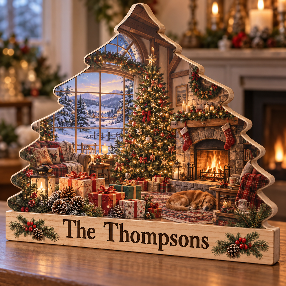 Christmas Tree Fireside Cottage Personalized Wooden Block; example personalization The Thompsons
