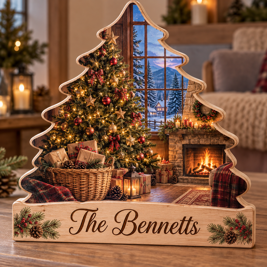 Christmas Tree Hearth Window Personalized Wooden Block; example personalization The Bennetts