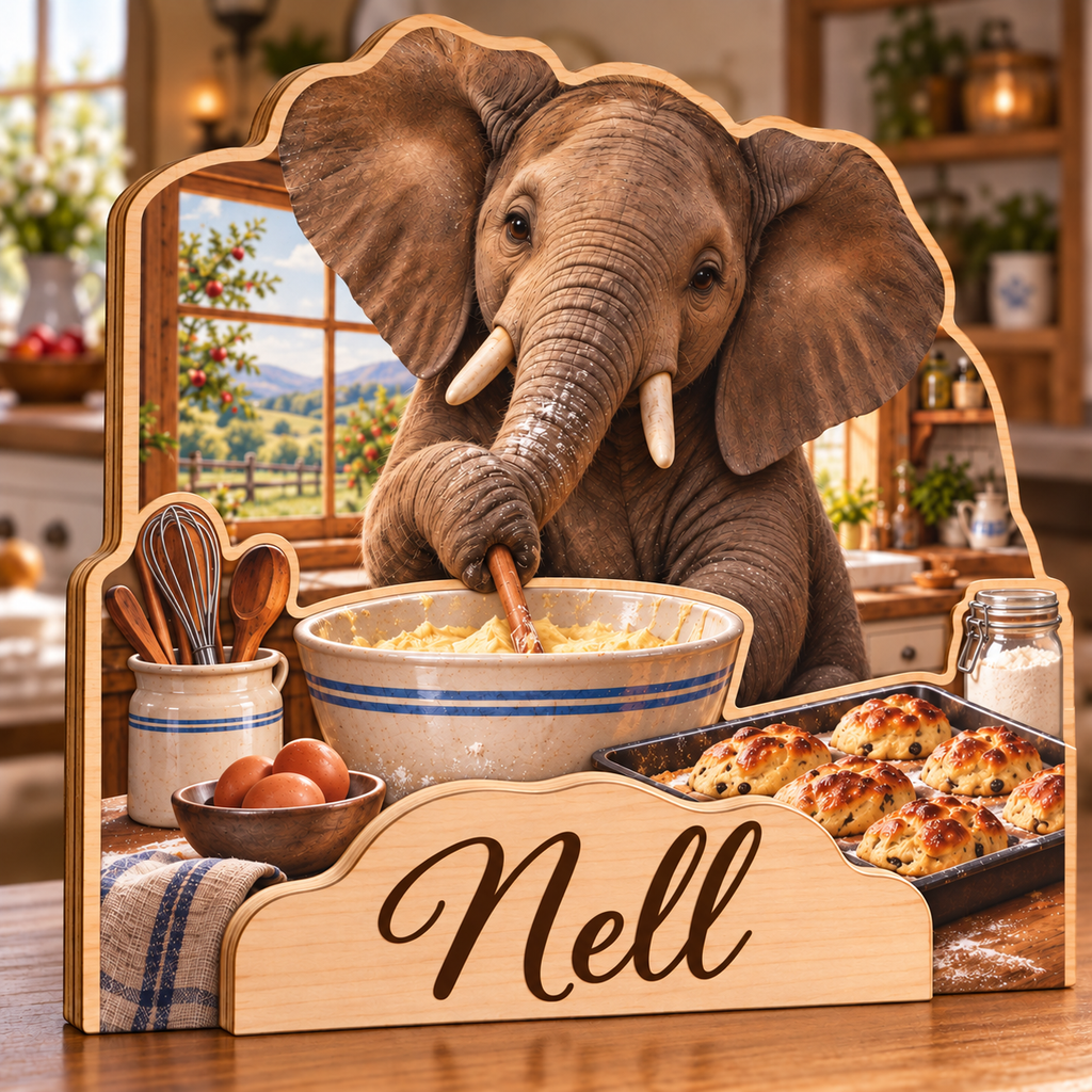 Elephant Baking Kitchen Personalized Wooden Block; example personalization Nell