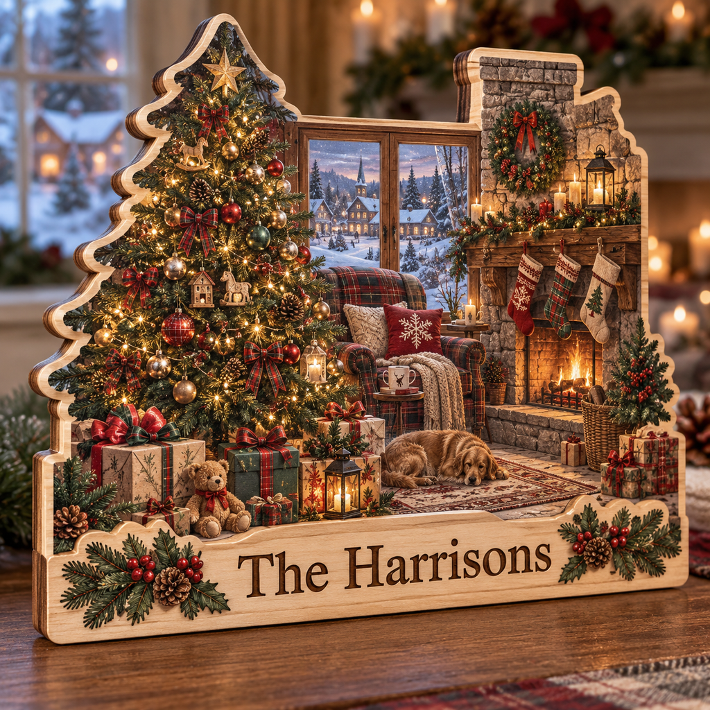 Christmas Tree Fireplace Personalized Wooden Block; example personalization The Harrisons