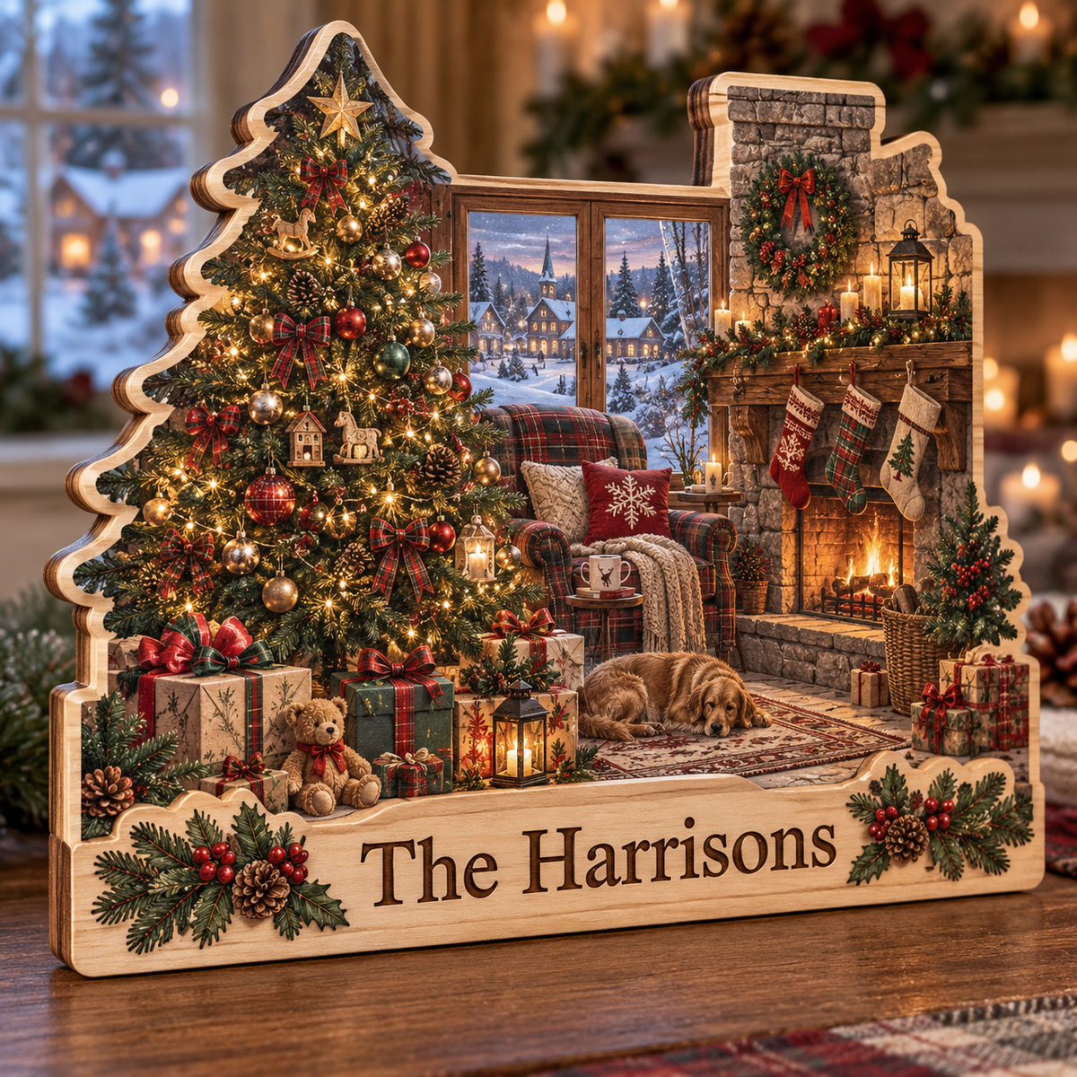 Christmas Tree Fireplace Personalized Wooden Block; example personalization The Harrisons