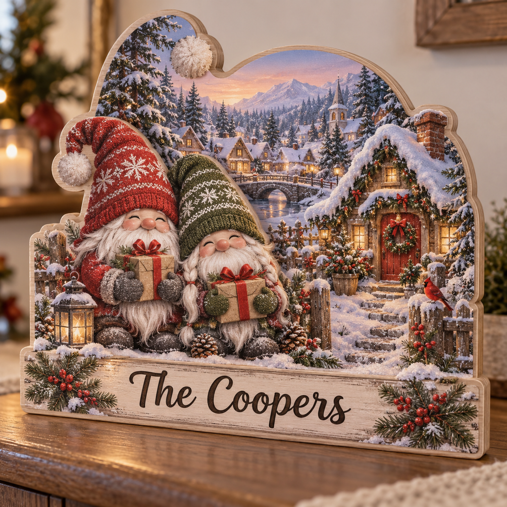 Holiday Gnome Evergreen Cottage Personalized Wooden Block; example personalization The Coopers