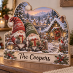 Holiday Gnome Evergreen Cottage Personalized Wooden Block; example personalization The Coopers