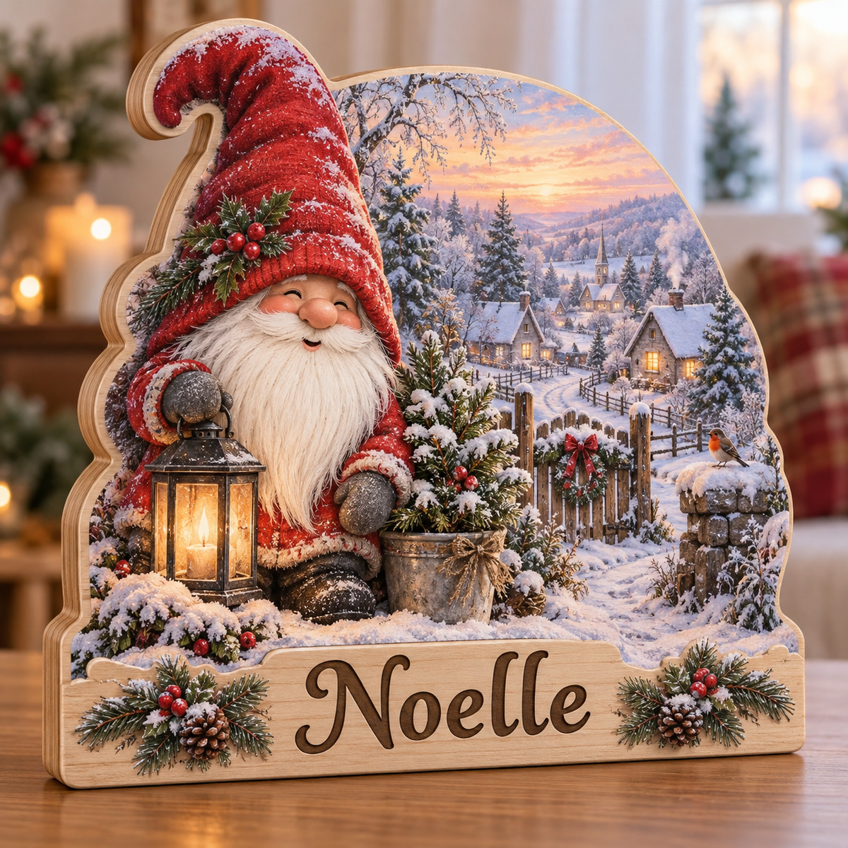 Holiday Gnome Snowy Garden Gate Personalized Wooden Block; example personalization Noelle