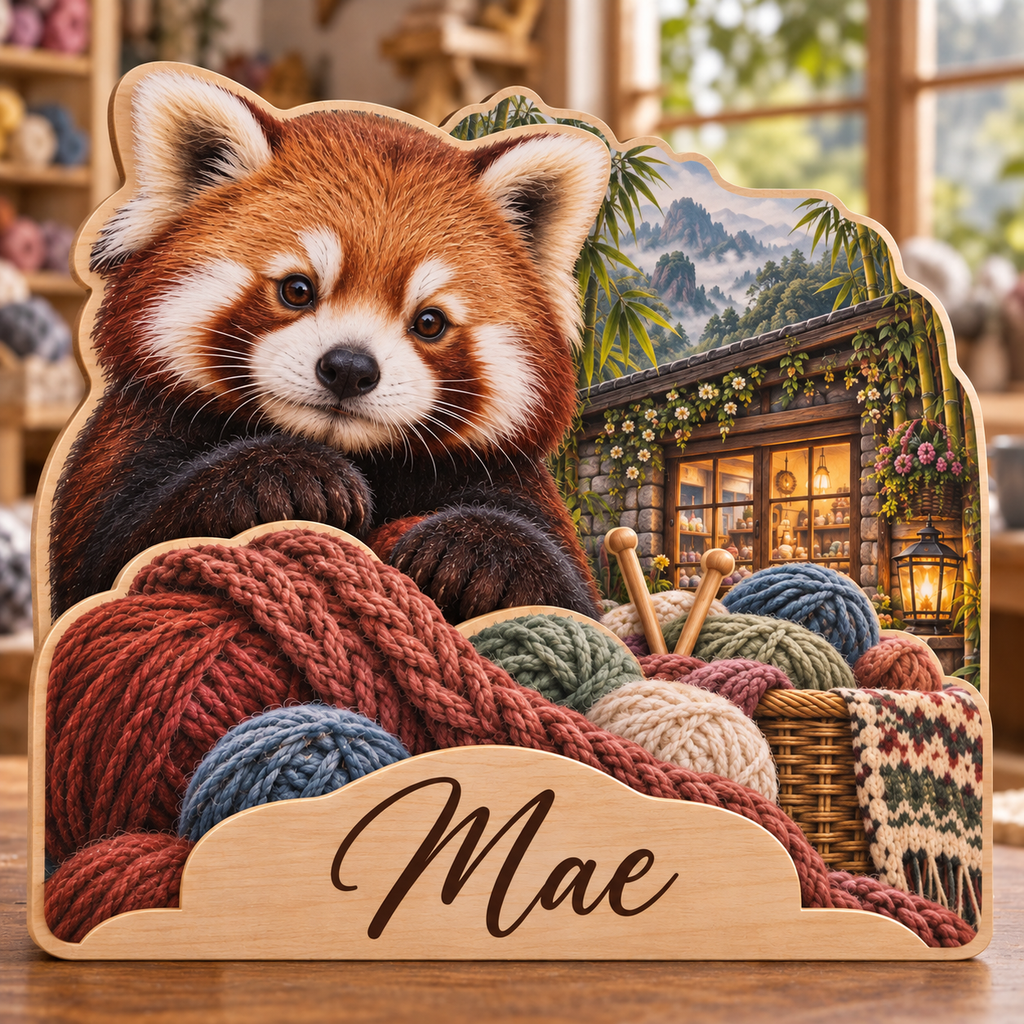 Red Panda Yarn Cottage Personalized Wooden Block; example personalization Mae