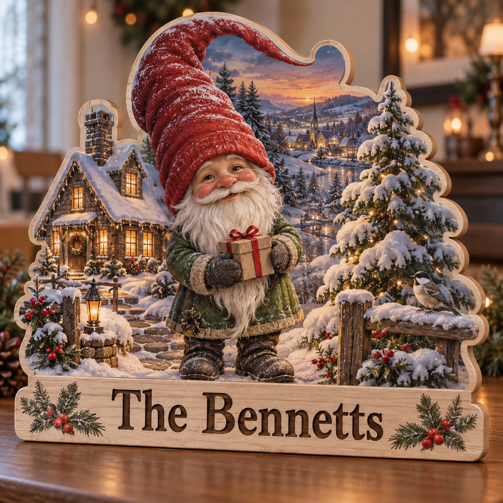 Holiday Gnome Snowy Cottage Personalized Wooden Block; example personalization The Bennetts