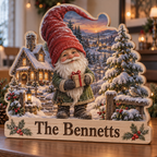 Holiday Gnome Snowy Cottage Personalized Wooden Block; example personalization The Bennetts