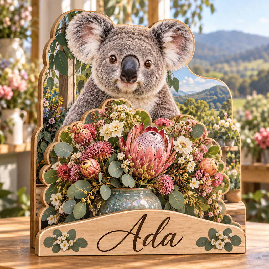 Koala Blossom Studio Personalized Wooden Block; example personalization Ada