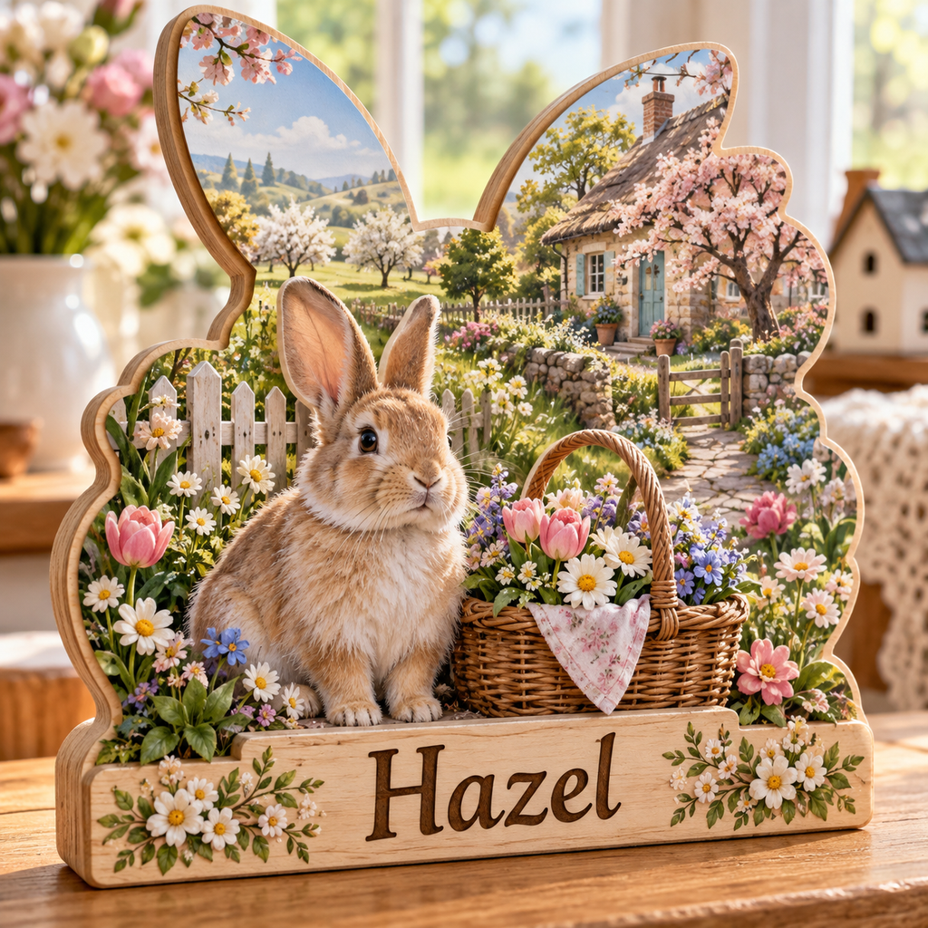 Spring Bunny Blossom Cottage Personalized Wooden Block; example personalization Hazel