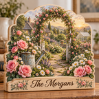Summer Garden Rose Arbor Personalized Wooden Block; example personalization The Morgans