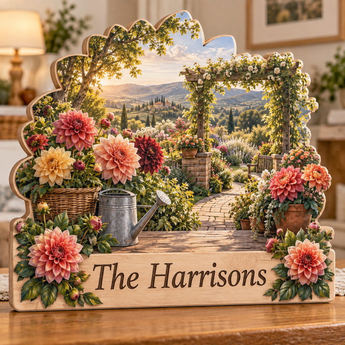 Summer Garden Dahlia Terrace Personalized Wooden Block; example personalization The Harrisons