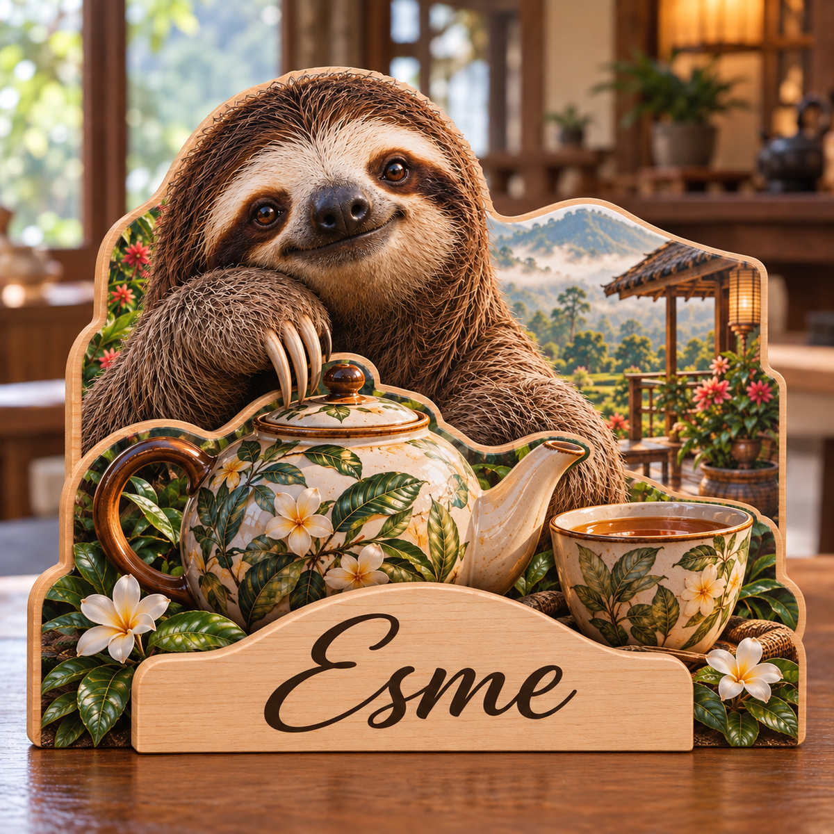 Sloth Tea Terrace Personalized Wooden Block; example personalization Esme