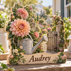 Summer Dahlia Garden Gate Personalized Wooden Block; example personalization Audrey