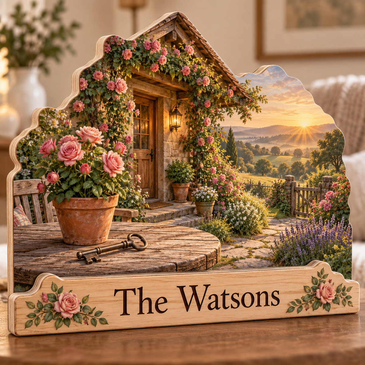 New Home Rose Porch Sunrise Personalized Wooden Block; example personalization The Watsons