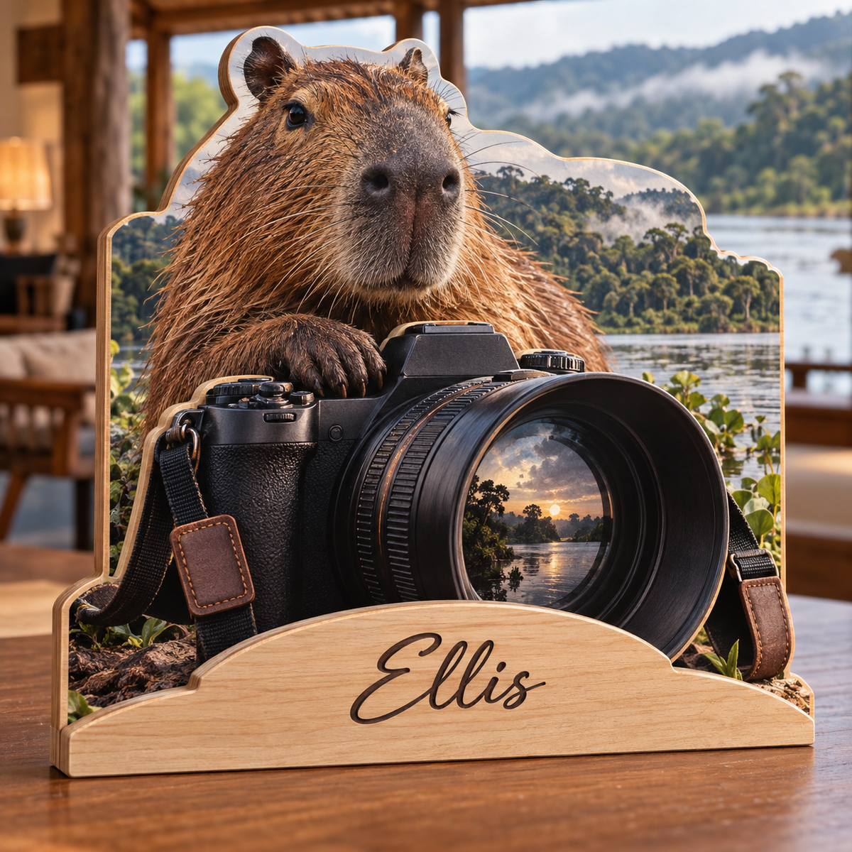Capybara Camera Hide Personalized Wooden Block; example personalization Ellis
