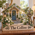 New Home Cottage Keys Personalized Wooden Block; example personalization The Collins