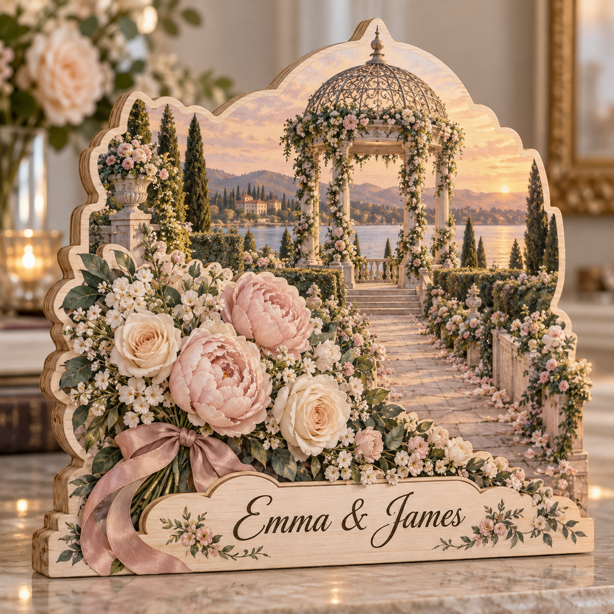 Wedding Bouquet Garden Pavilion Personalized Wooden Block; example personalization Emma & James