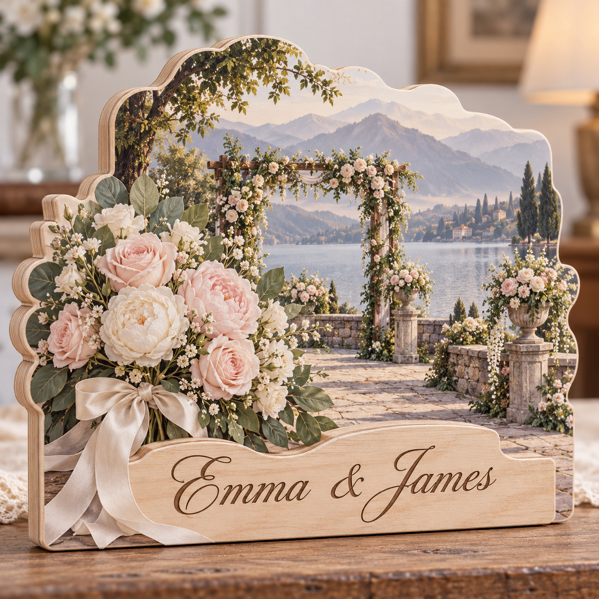 Wedding Bouquet Lakeside Arbor Personalized Wooden Block; example personalization Emma & James