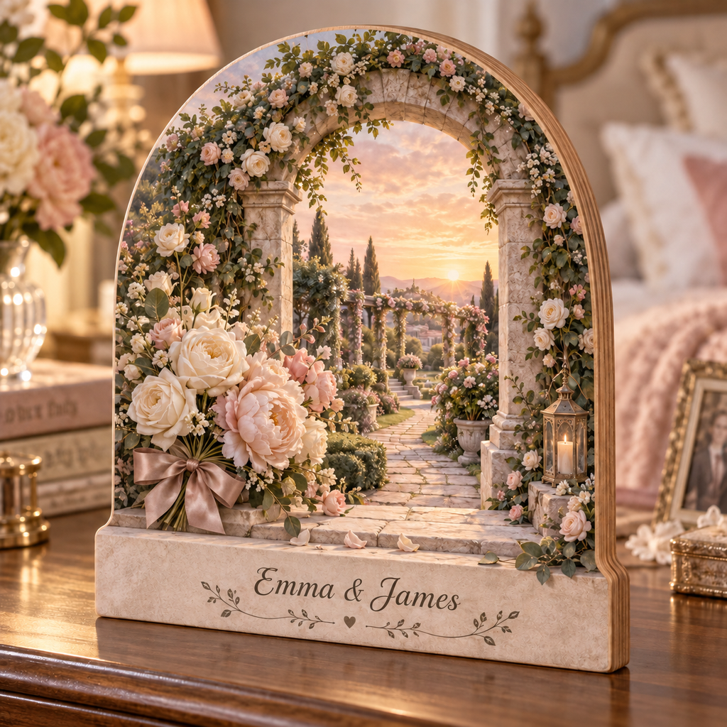 Wedding Garden Arch Personalized Wooden Block; example personalization Emma & James