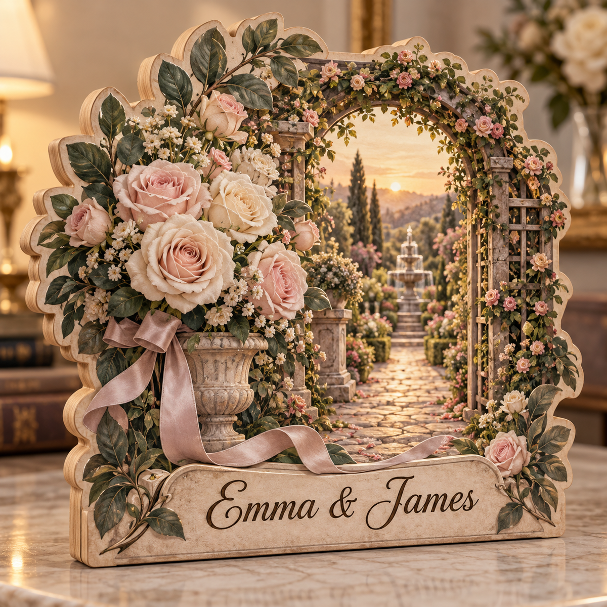Wedding Rose Bouquet Personalized Wooden Block; example personalization Emma & James