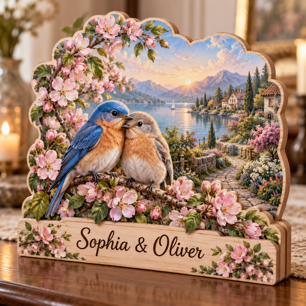 Love Birds Blossom Lakeside Personalized Wooden Block; example personalization Sophia & Oliver