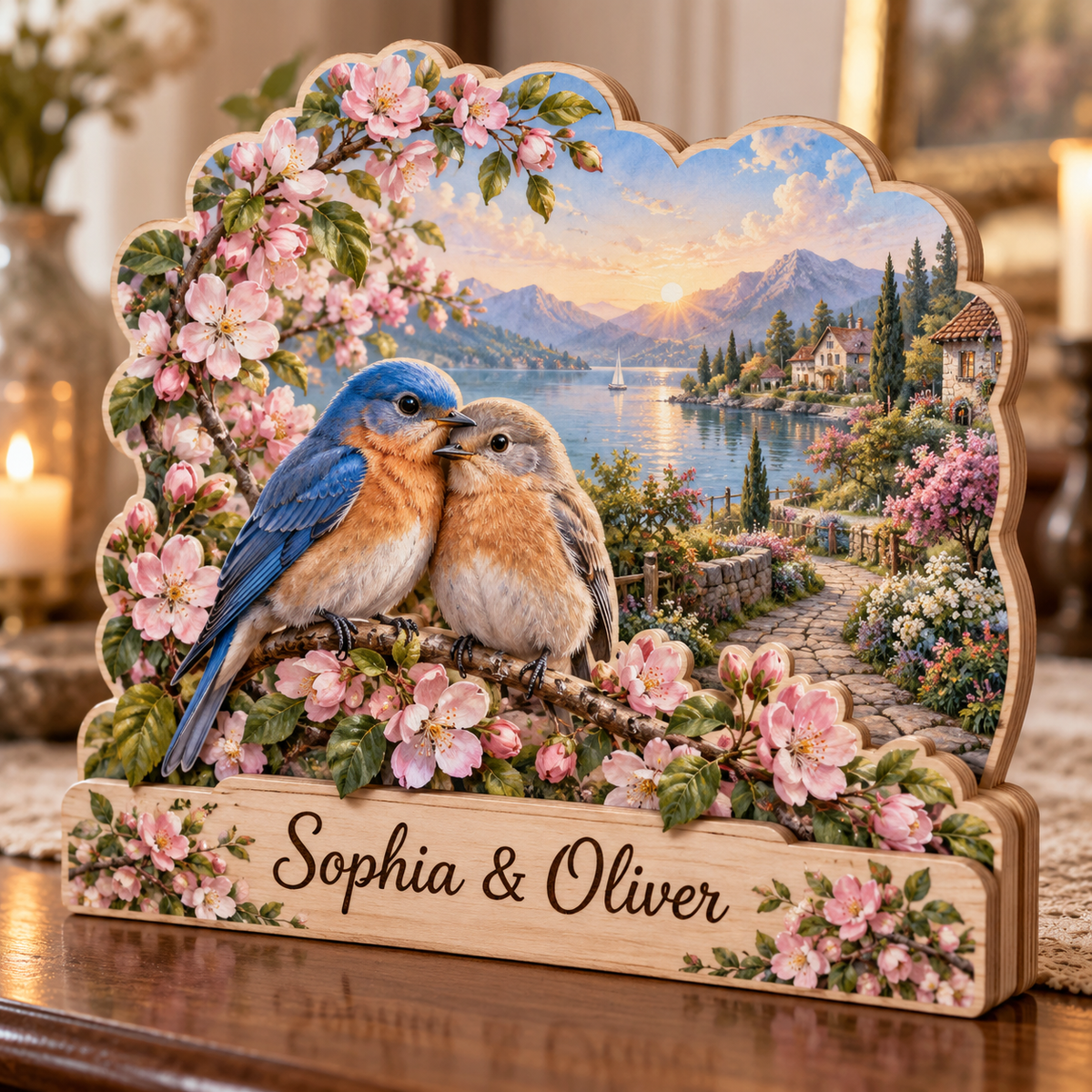 Love Birds Blossom Lakeside Personalized Wooden Block; example personalization Sophia & Oliver