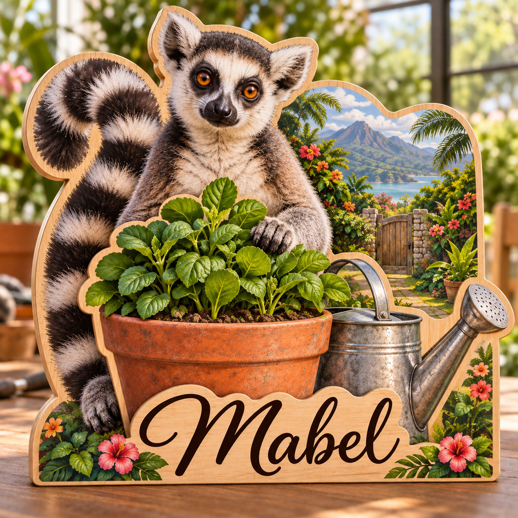 Lemur Garden Workshop Personalized Wooden Block; example personalization Mabel