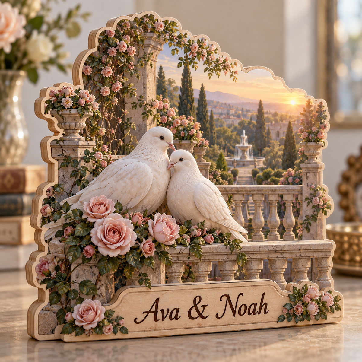 Love Birds Rose Terrace Personalized Wooden Block; example personalization Ava & Noah