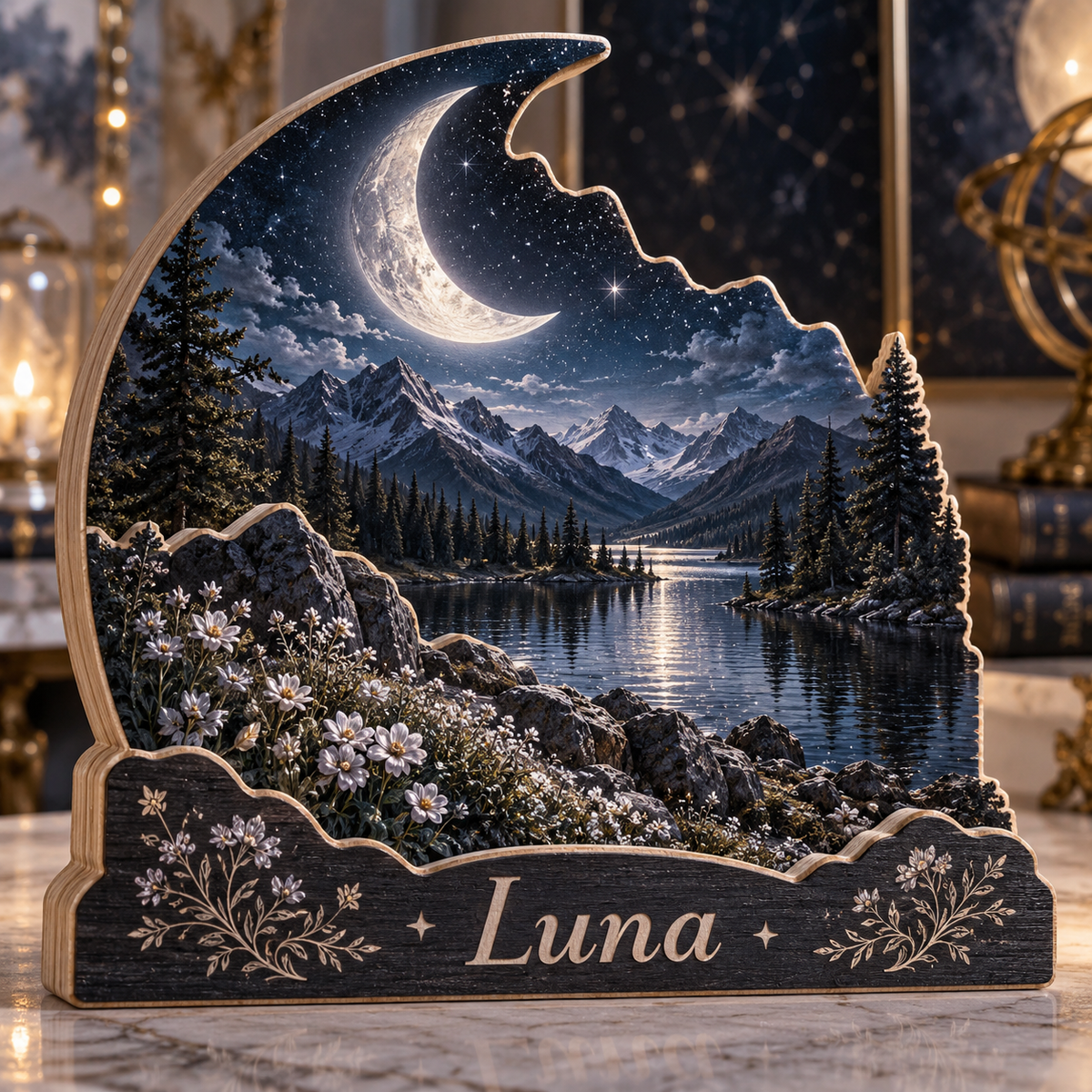 Moon and Stars Mountain Lake Personalized Wooden Block; example personalization Luna